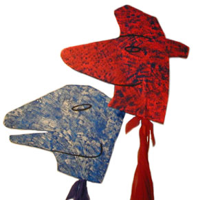 blue Turiasaurus and red Lambeosaurus hobbyhorse heads
